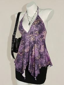 SHEIN ICON 女式波西米亚风格蝴蝶印花露背吊带背心 - 紫色 - 查看 6