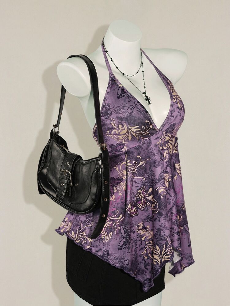 SHEIN ICON Women's Bohemian Style Butterfly Print Halter Neck Camisole - Purple - View 5