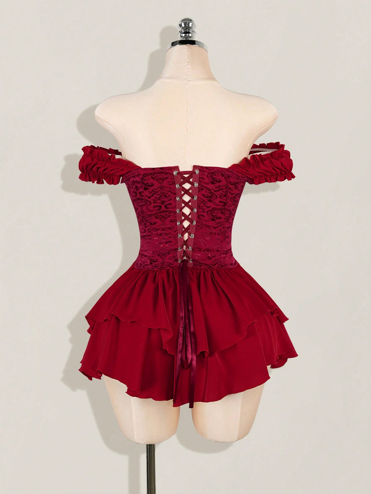 SHEIN ICON Women's Dark Red Summer Elegant Party Off Shoulder Pleated Jacquard Waist Tie Ruffle Hem A-Line Chiffon Mini Dress,Splice Multi-Layer Casual Dresses - Burgundy - View 2