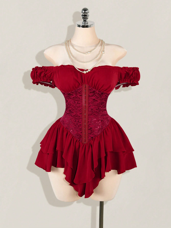 SHEIN ICON Women's Dark Red Summer Elegant Party Off Shoulder Pleated Jacquard Waist Tie Ruffle Hem A-Line Chiffon Mini Dress,Splice Multi-Layer Casual Dresses