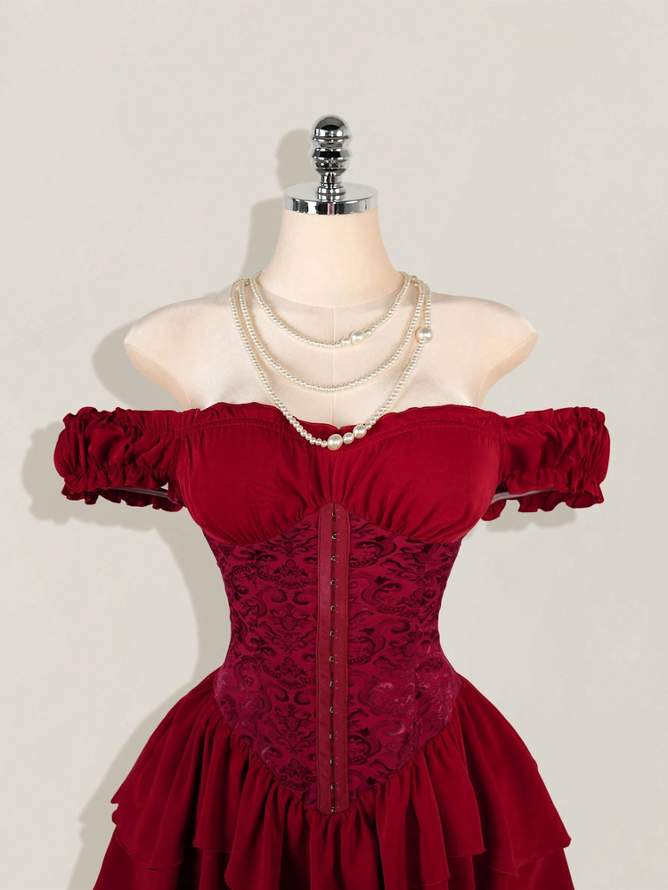 SHEIN ICON Women's Dark Red Summer Elegant Party Off Shoulder Pleated Jacquard Waist Tie Ruffle Hem A-Line Chiffon Mini Dress,Splice Multi-Layer Casual Dresses - Burgundy - View 7