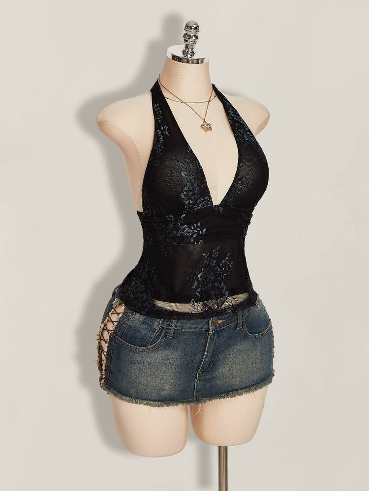 SHEIN ICON قميص نسائي أسود جذاب بطراز جوث للخروج والنوادي والحفلات، رقبة عميقة على شكل V، خصر مشدود، قصة A-line، ظهر مكشوف، صيفي - الأسود - مشاهدة 6