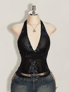 SHEIN ICON Y2k 女士黑色性感哥特风露背俱乐部演唱会蕾丝吊带深V领收腰A字露背吊带衫，夏季 - 黑色 - 查看 11