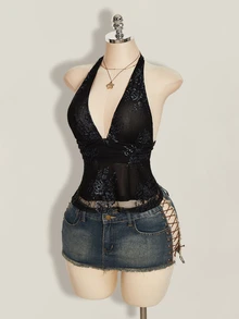 SHEIN ICON Y2k 女士黑色性感哥特风露背俱乐部演唱会蕾丝吊带深V领收腰A字露背吊带衫，夏季 - 黑色 - 查看 4