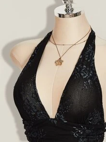 SHEIN ICON Y2k 女士黑色性感哥特风露背俱乐部演唱会蕾丝吊带深V领收腰A字露背吊带衫，夏季 - 黑色 - 查看 5
