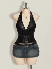 SHEIN ICON Y2k 女士黑色性感哥特风露背俱乐部演唱会蕾丝吊带深V领收腰A字露背吊带衫，夏季 - 黑色 - 查看 7