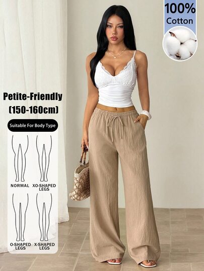 SHEIN PETITE Women's Casual Vacation Commute Drawstring Waist Loose Wide Leg Pants, Solid Color Minimalist Versatile Vacation Khaki Autumn