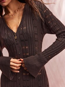 Willow Rêve Women's Dark Brown V-Neck Long Knit Cardigan With Bell Sleeves, Bohemian Elegant Western Style Open Front Chic Classy Brunch Dinner Top Autumn - Brown - View 8