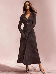 Willow Rêve Women's Dark Brown V-Neck Long Knit Cardigan With Bell Sleeves, Bohemian Elegant Western Style Open Front Chic Classy Brunch Dinner Top Autumn - Brown - View 1