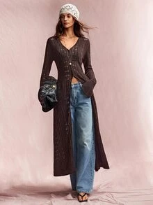 Willow Rêve Women's Dark Brown V-Neck Long Knit Cardigan With Bell Sleeves, Bohemian Elegant Western Style Open Front Chic Classy Brunch Dinner Top Autumn - Brown - View 6