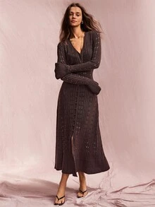 Willow Rêve Women's Dark Brown V-Neck Long Knit Cardigan With Bell Sleeves, Bohemian Elegant Western Style Open Front Chic Classy Brunch Dinner Top Autumn - Brown - View 4