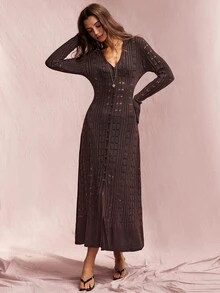 Willow Rêve Women's Dark Brown V-Neck Long Knit Cardigan With Bell Sleeves, Bohemian Elegant Western Style Open Front Chic Classy Brunch Dinner Top Autumn - Brown - View 5