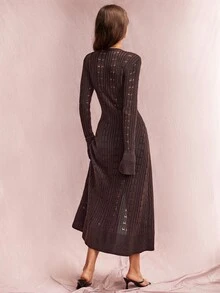Willow Rêve Women's Dark Brown V-Neck Long Knit Cardigan With Bell Sleeves, Bohemian Elegant Western Style Open Front Chic Classy Brunch Dinner Top Autumn - Brown - View 2