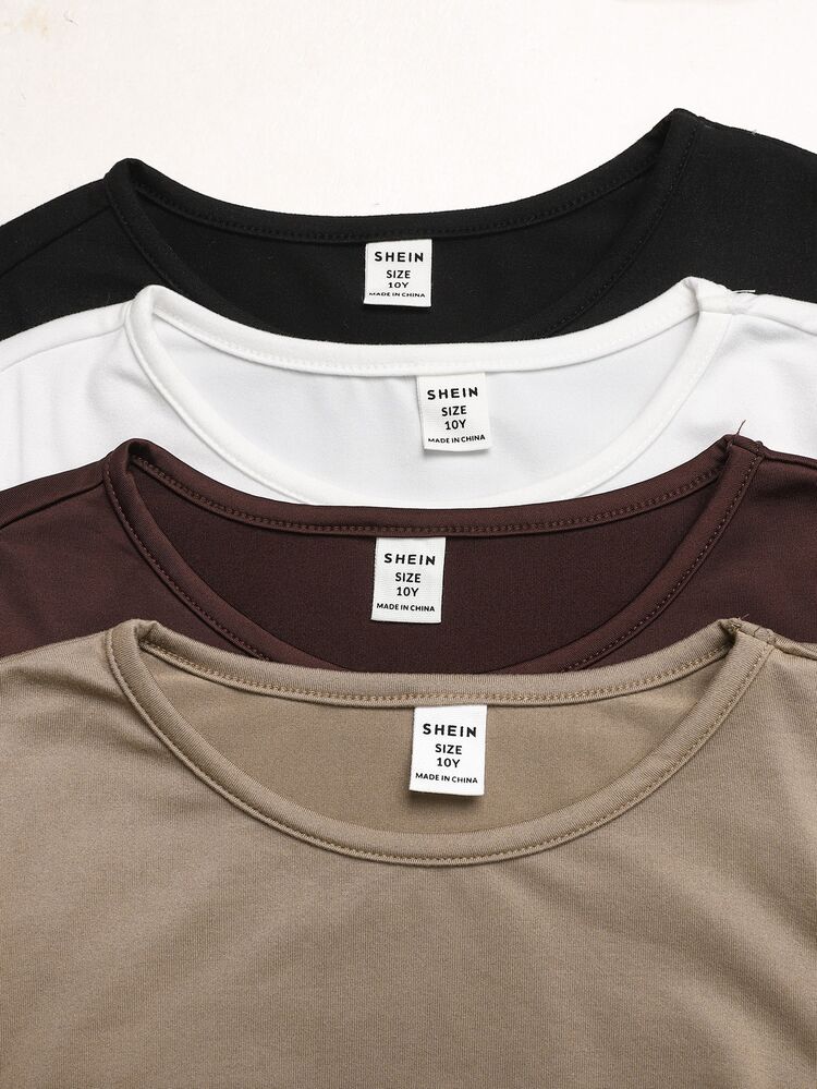 SHEIN Girlism Conjunto de 4 camisetas de manga larga con cuello redondo y fruncido, versátiles y casuales para niñas preadolescentes, colores caqui, marrón, blanco y negro, para otoño/invierno, estilo Y2K - Multicolor - Añade 3