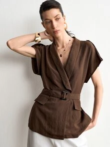 Aalyst Women's Spring/Summer French Style Elegant Luxury Minimalist High-End Design Casual Bohemian Vacation Commute Comfortable Solid Color Tencel Linen Shawl Collar Open Front Resin Button Ruched A-Line Wide Strap Short Sleeve Blouse - Brown - View 2