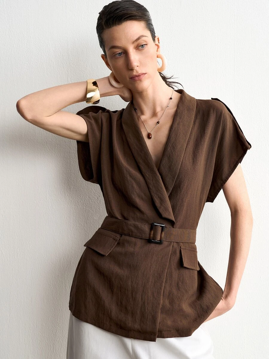 Aalyst Women's Spring/Summer French Style Elegant Luxury Minimalist High-End Design Casual Bohemian Vacation Commute Comfortable Solid Color Tencel Linen Shawl Collar Open Front Resin Button Ruched A-Line Wide Strap Short Sleeve Blouse