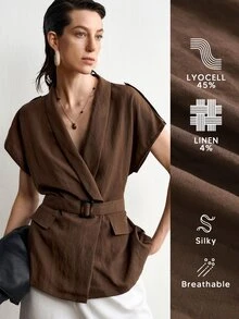 Aalyst Women's Spring/Summer French Style Elegant Luxury Minimalist High-End Design Casual Bohemian Vacation Commute Comfortable Solid Color Tencel Linen Shawl Collar Open Front Resin Button Ruched A-Line Wide Strap Short Sleeve Blouse - Brown - View 3