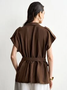 Aalyst Women's Spring/Summer French Style Elegant Luxury Minimalist High-End Design Casual Bohemian Vacation Commute Comfortable Solid Color Tencel Linen Shawl Collar Open Front Resin Button Ruched A-Line Wide Strap Short Sleeve Blouse - Brown - View 7