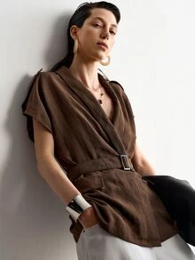 Aalyst Women's Spring/Summer French Style Elegant Luxury Minimalist High-End Design Casual Bohemian Vacation Commute Comfortable Solid Color Tencel Linen Shawl Collar Open Front Resin Button Ruched A-Line Wide Strap Short Sleeve Blouse - Brown - View 6