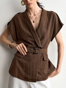 Aalyst Women's Spring/Summer French Style Elegant Luxury Minimalist High-End Design Casual Bohemian Vacation Commute Comfortable Solid Color Tencel Linen Shawl Collar Open Front Resin Button Ruched A-Line Wide Strap Short Sleeve Blouse - Brown - View 5