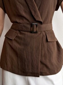 Aalyst Women's Spring/Summer French Style Elegant Luxury Minimalist High-End Design Casual Bohemian Vacation Commute Comfortable Solid Color Tencel Linen Shawl Collar Open Front Resin Button Ruched A-Line Wide Strap Short Sleeve Blouse - Brown - View 8