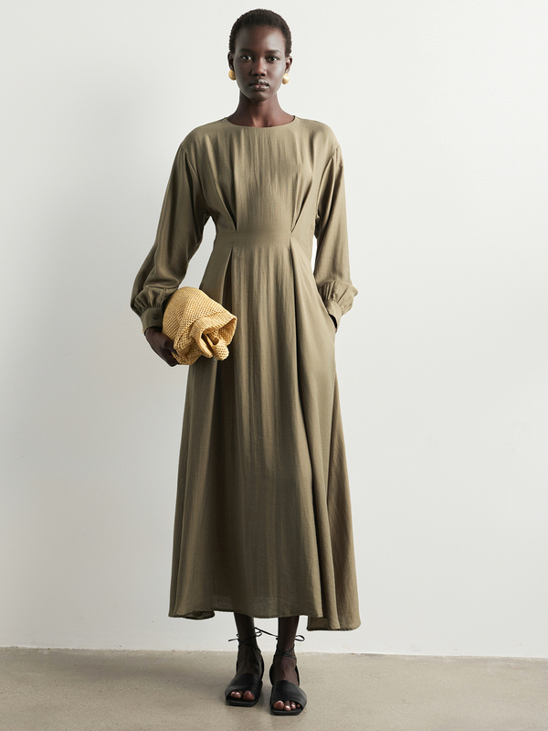 Aalyst Women's Olive Green Twill Linen Round Neck Ruched Waist A-Line Long Sleeve Dress, Elegant French Romantic Vintage Office Workplace Commuter Business Beach Vacation Casual Street Style Minimalist Versatile Old Money Style Dress For Afternoon Tea Party Spring Summer Autumn Winter New
