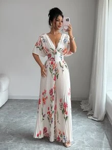SHEIN Elenzya 女款優雅婚禮印花百褶腰連身褲 白色夏季度假風 - 彩色 - 查看 3