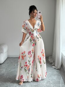 SHEIN Elenzya 女款優雅婚禮印花百褶腰連身褲 白色夏季度假風 - 彩色 - 查看 1