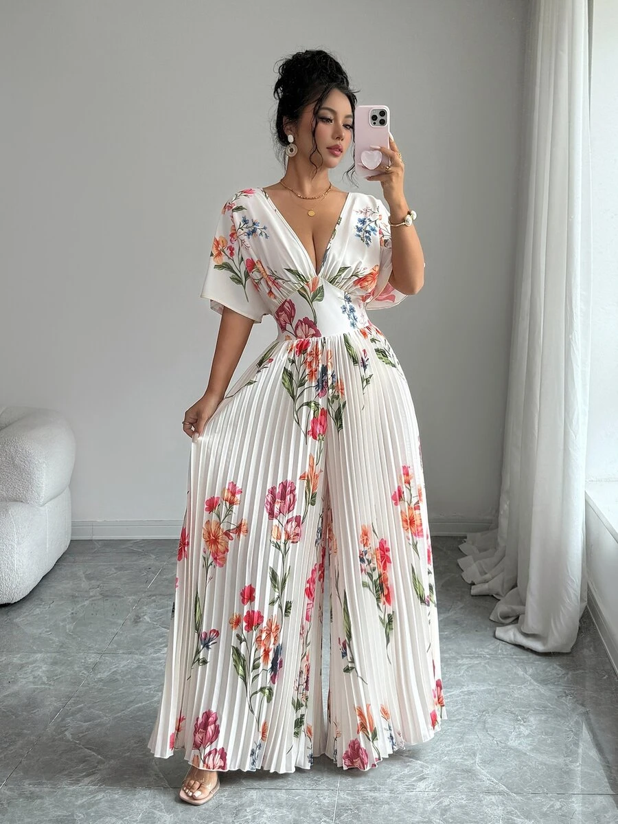 SHEIN Elenzya 女款優雅婚禮印花百褶腰連身褲 白色夏季度假風 - 彩色 - 查看 1