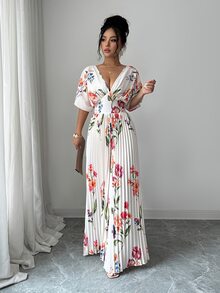 SHEIN Elenzya 女款優雅婚禮印花百褶腰連身褲 白色夏季度假風 - 彩色 - 查看 5
