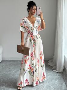 SHEIN Elenzya 女款優雅婚禮印花百褶腰連身褲 白色夏季度假風 - 彩色 - 查看 4