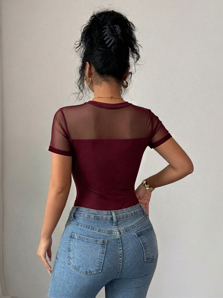 Elenzga Women's Elegant Black Mesh Patchwork Round Neck Short Sleeve Fitted Bodysuit, Spring/Summer - Burgundy - View 2