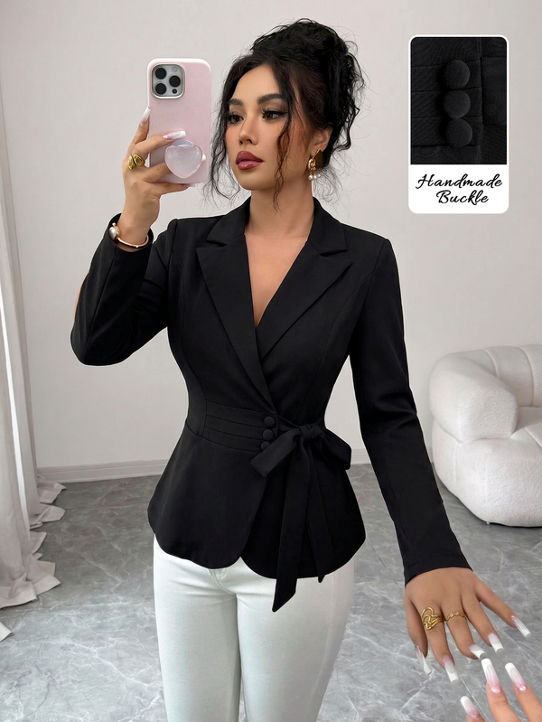 Elenzga Women's Summer Elegant Minimalist Casual Office Formal Party Versatile Black Fitted Slim Waist V-Neck Long Sleeve Blazer Jacket Teachers' Day