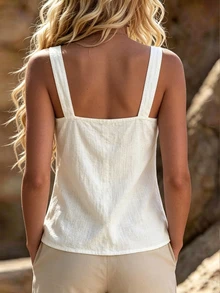 Zayélia Tank Top Wanita Kasual Musim Panas Warna Polos dengan Kancing Depan - Putih - View 2