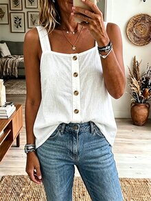 Zayélia Tank Top Wanita Kasual Musim Panas Warna Polos dengan Kancing Depan - Putih - View 5