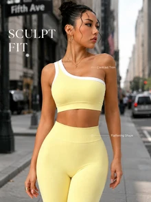 Dewbera Dewbera Seamless One-Shoulder Yoga Tank Top & High Elasticity Butt-Lifting Women Sports Set - Light Yellow - View 8