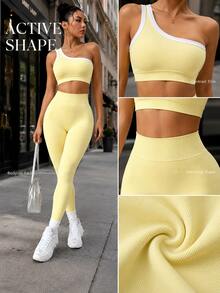 Dewbera Dewbera Seamless One-Shoulder Yoga Tank Top & High Elasticity Butt-Lifting Women Sports Set - Light Yellow - View 4