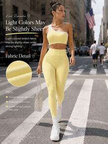 Dewbera Dewbera Seamless One-Shoulder Yoga Tank Top & High Elasticity Butt-Lifting Women Sports Set - Light Yellow - View 5