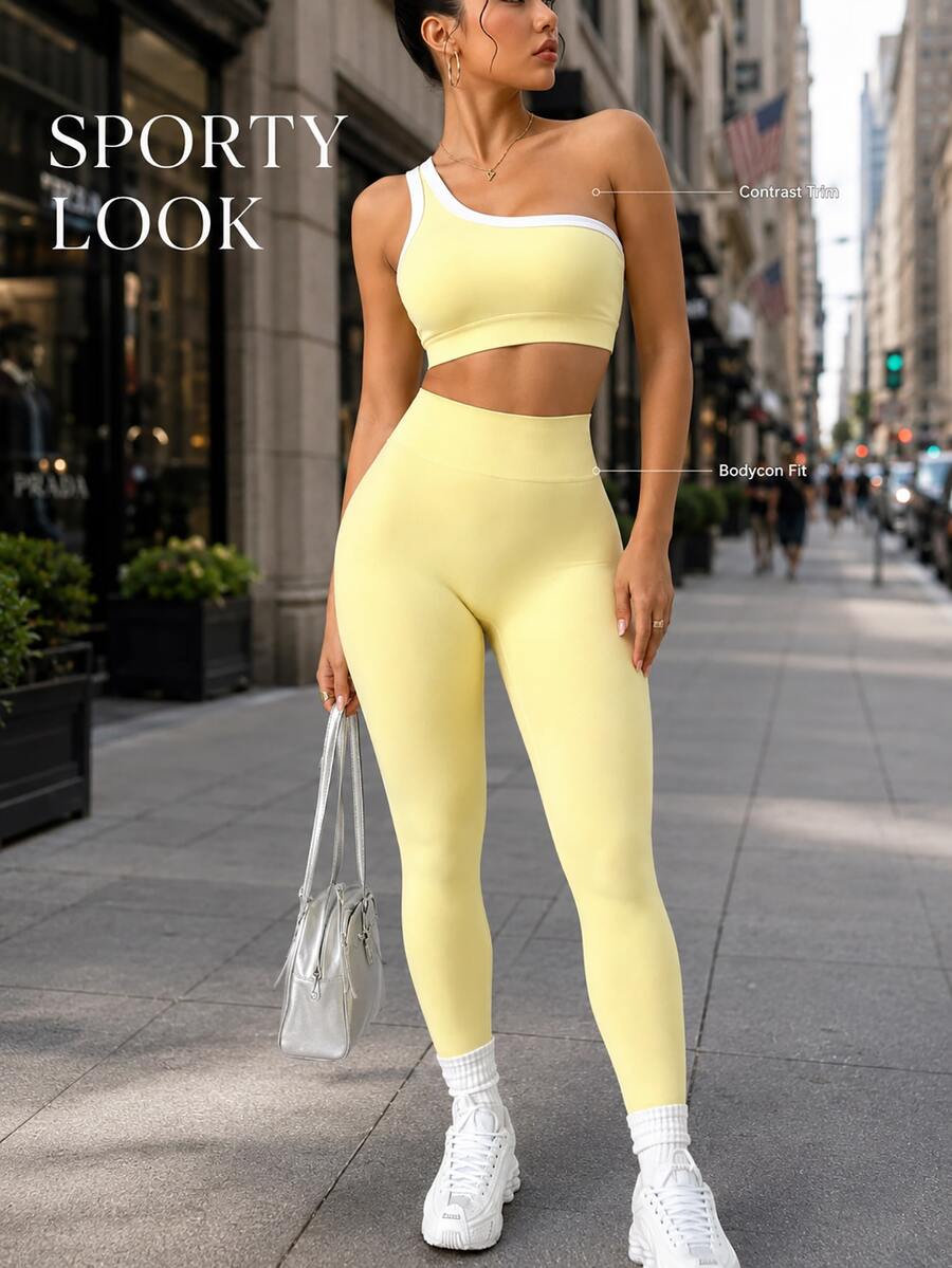 Dewbera Dewbera Seamless One-Shoulder Yoga Tank Top & High Elasticity Butt-Lifting Women Sports Set