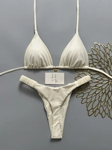 SHEIN Swim Set Bikini Wanita Musim Semi/Panas Warna Polos Leher Halter dengan Dekorasi Logam, Putih Seksi untuk Pesta Pantai - Aprikot - View 2