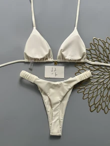 SHEIN Swim Set Bikini Wanita Musim Semi/Panas Warna Polos Leher Halter dengan Dekorasi Logam, Putih Seksi untuk Pesta Pantai - Aprikot - View 4
