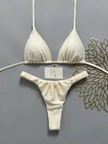 SHEIN Swim Set Bikini Wanita Musim Semi/Panas Warna Polos Leher Halter dengan Dekorasi Logam, Putih Seksi untuk Pesta Pantai - Aprikot - View 3