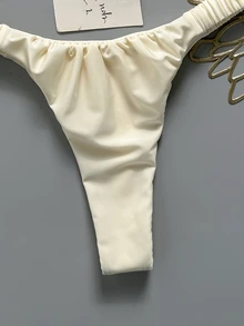 SHEIN Swim Set Bikini Wanita Musim Semi/Panas Warna Polos Leher Halter dengan Dekorasi Logam, Putih Seksi untuk Pesta Pantai - Aprikot - View 8