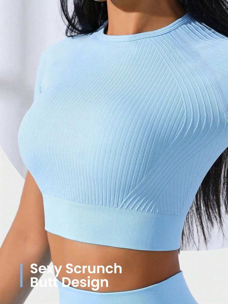 Dewbera Dewbera Solid Seamless High Stretch Crop Tee & Leggings Workout Women Set Women Leggings Set Gym Women Outfit - Baby Blue - View 3