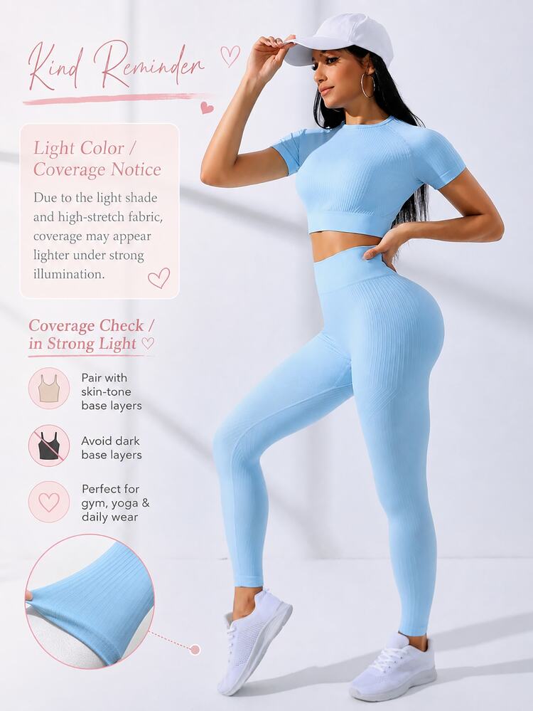 Dewbera Dewbera Solid Seamless High Stretch Crop Tee & Leggings Workout Women Set Women Leggings Set Gym Women Outfit - Baby Blue - View 5