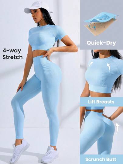Dewbera Dewbera Solid Seamless High Stretch Crop Tee & Leggings Workout Women Set Women Leggings Set Gym Women Outfit