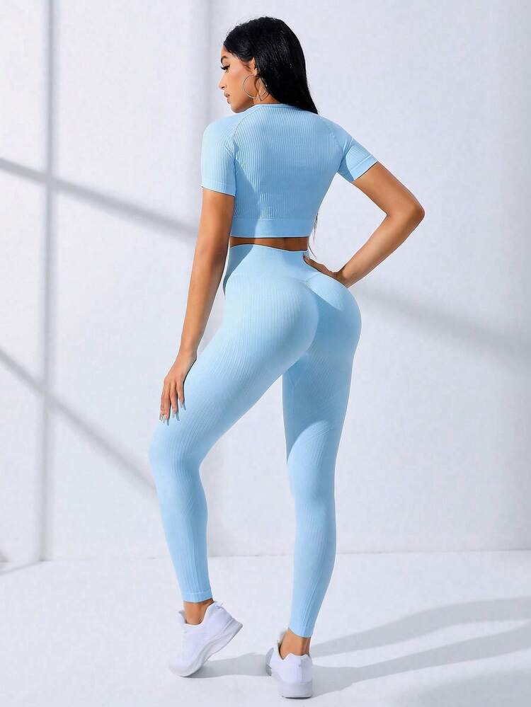 Dewbera Dewbera Solid Seamless High Stretch Crop Tee & Leggings Workout Women Set Women Leggings Set Gym Women Outfit - Baby Blue - View 4