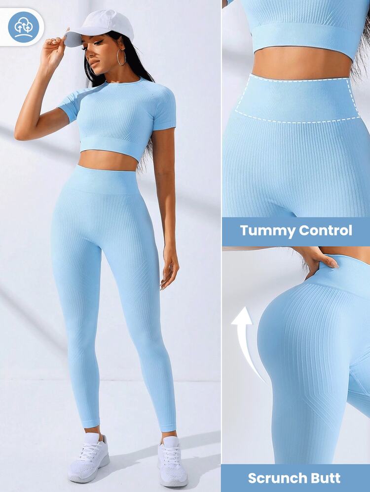 Dewbera Dewbera Solid Seamless High Stretch Crop Tee & Leggings Workout Women Set Women Leggings Set Gym Women Outfit - Baby Blue - View 2