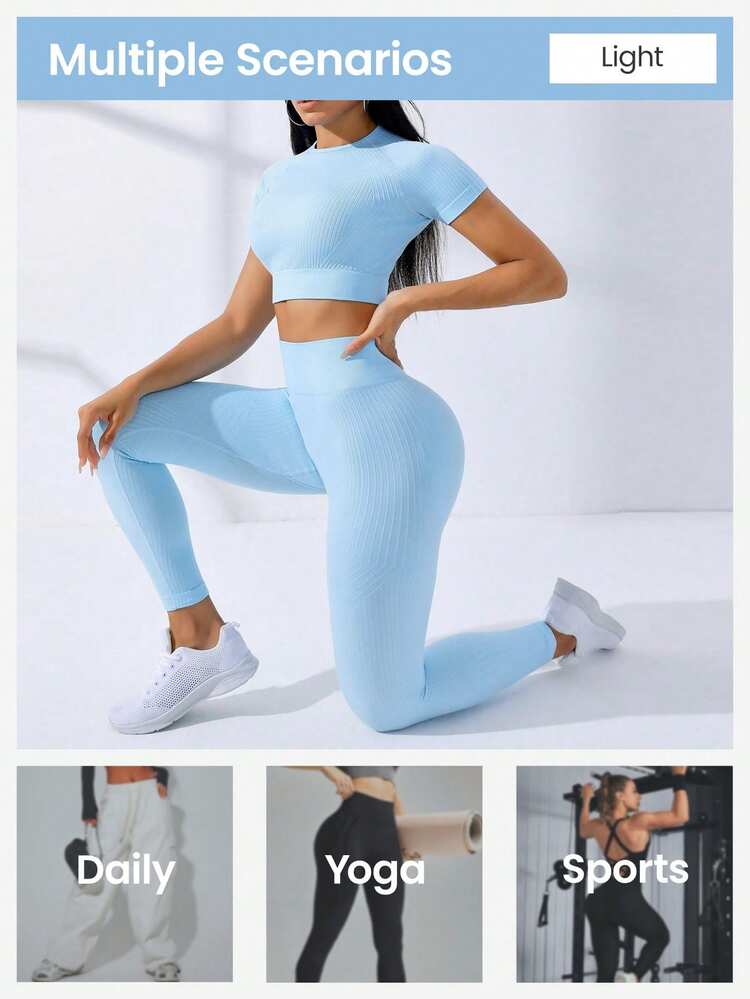 Dewbera Dewbera Solid Seamless High Stretch Crop Tee & Leggings Workout Women Set Women Leggings Set Gym Women Outfit - Baby Blue - View 6