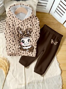 SHEIN Playful Pals 两件套少女时尚可爱卡通豹纹兔印花休闲保暖舒适套装，包括连帽卫衣和运动裤。 - 彩色 - 查看 3